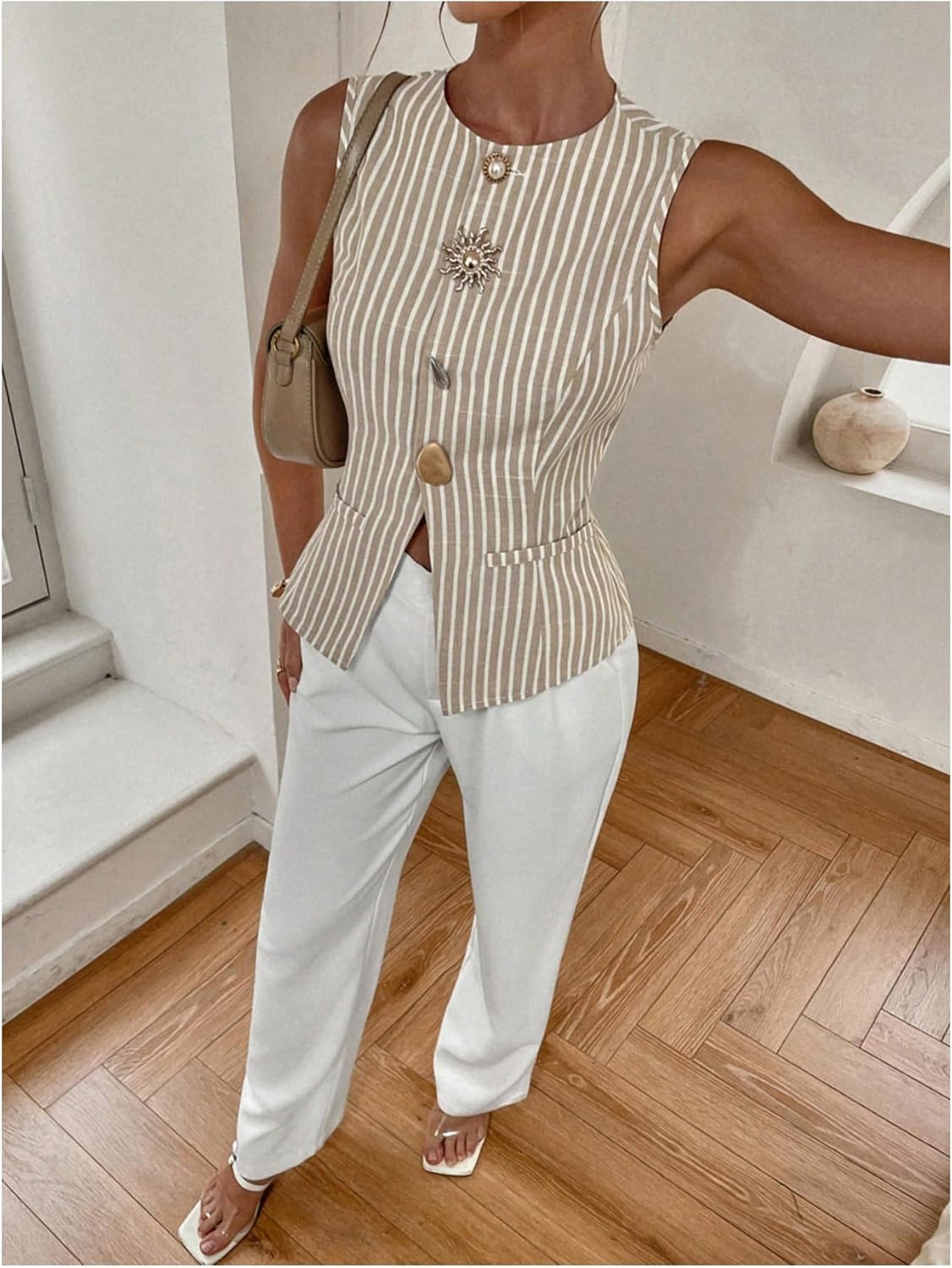 MakeMeChic Women's Striped Vest Top Metal Button Front Sleeveless Business Casual Tank - Image 4