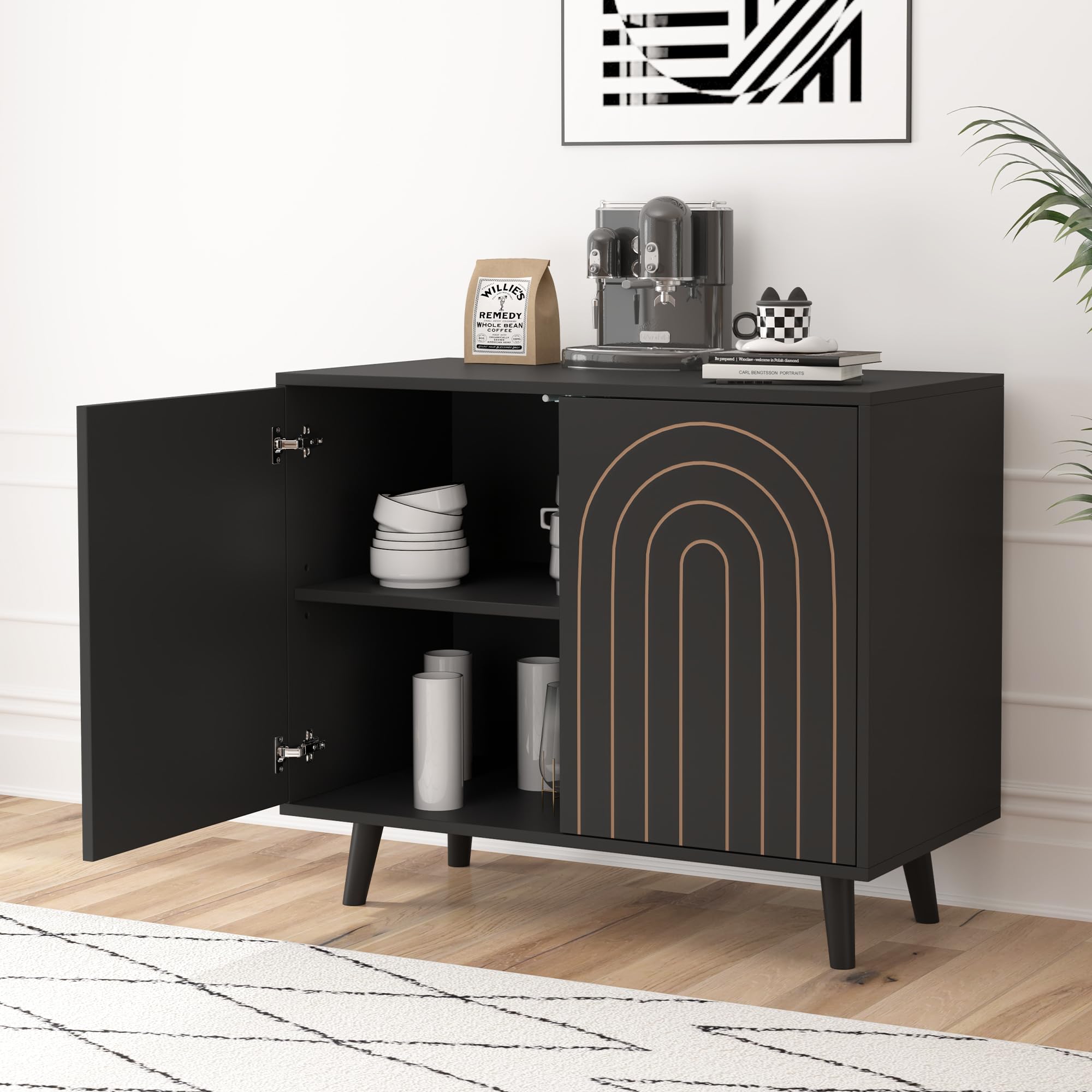 GuannCraft Schrank aus Schwarz Holz mit geriffelten Türen – Holz-Schrankbeine aus Holz mit verstellbaren Regalen, Moderne Eingangs- und Flurmöbel für die Organisation zu Hause Küche, Haushalt & Wohnen