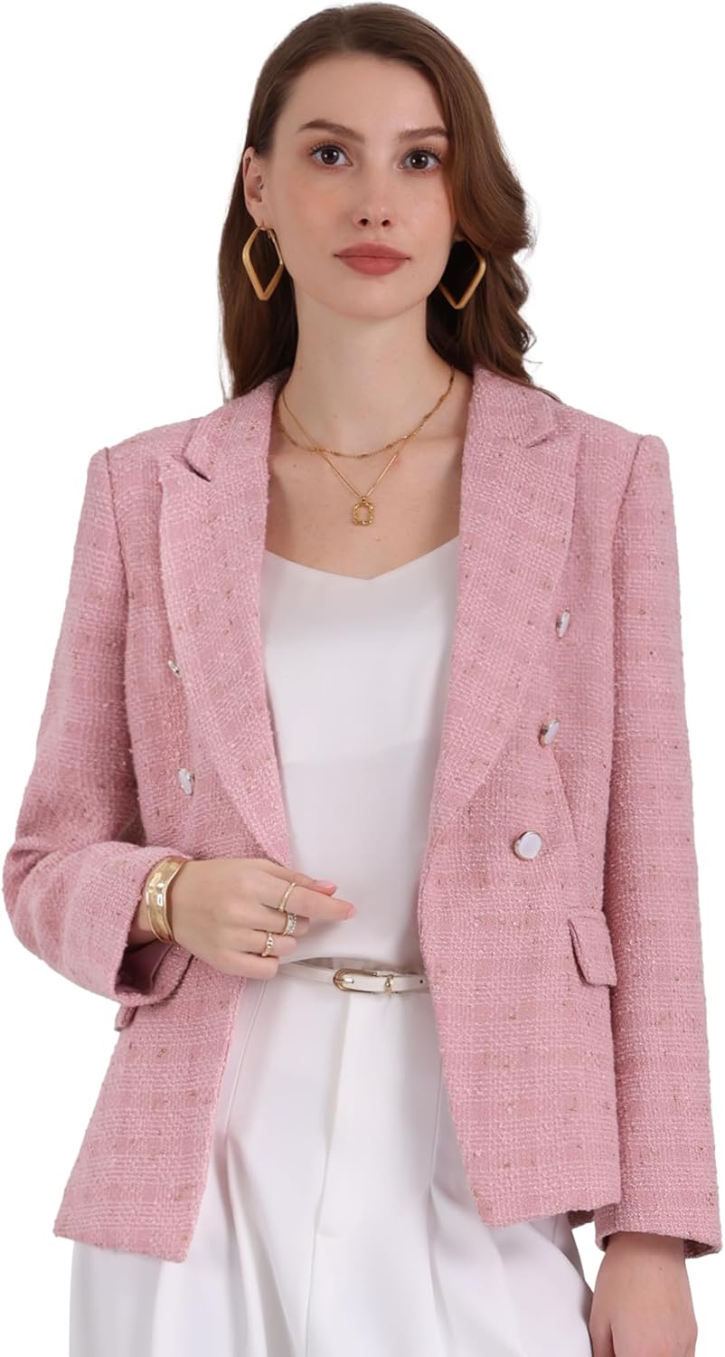Women's Business Casual Tweed Blazer 2025 Notched Lapel Double Breasted Suit Jacket