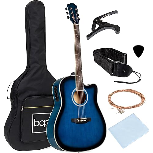 Best Choice Products Beginner Acoustic Electric Guitar Starter Set 41in w/All Wood Cutaway Design, Case, Strap, Picks - Blue