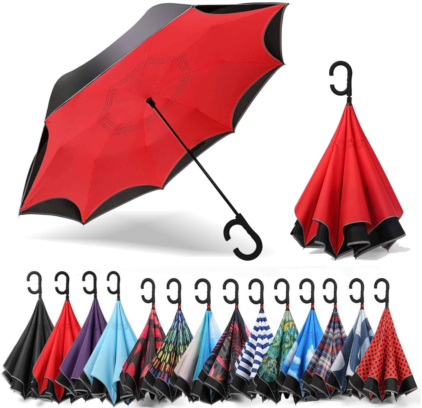 SIEPASA Auto-Open Reverse Umbrella, Umbrella Windproof, Inverted Umbrella, Umbrellas for Women with UV Protection, Upside Down Umbrella with Safe Reflective Stripe(Red)