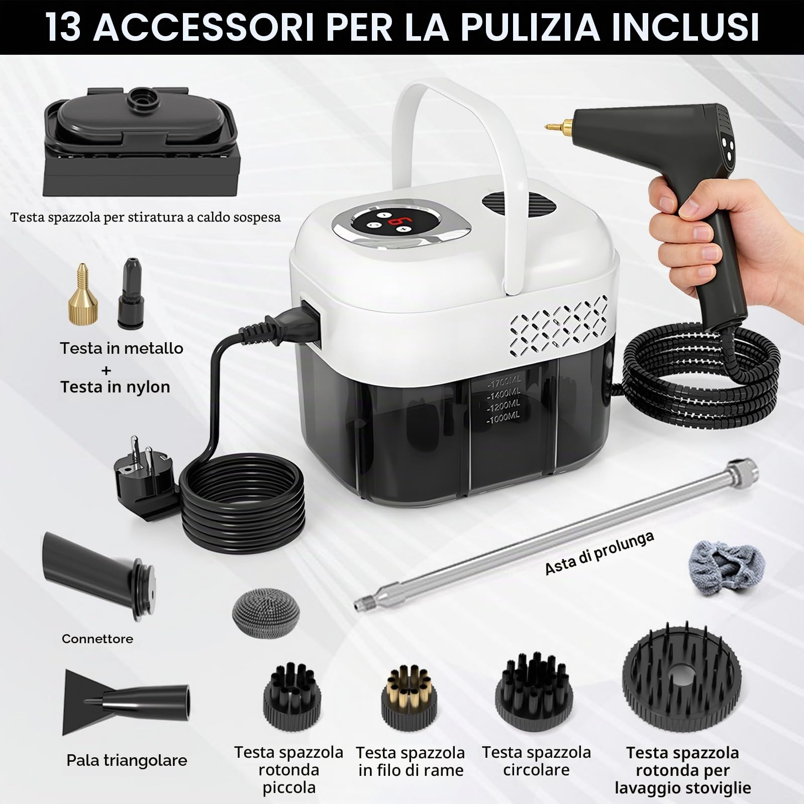 Pulitore a Vapore Portatile, 2500W Pulitore Vapore Casa, Maniglia Regolabile in 6 Livelli, Serbatoio Dell'acqua da 1700ml, Macchina per Pulizia a Vapore per Cucina, Piastrelle, Mobili