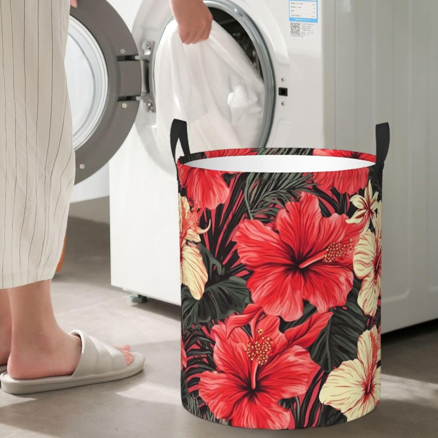 Red Hibiscus Laundry Basket With Handles Foldable Oxford Cloth Tote Bag Laundry Hamper Waterproof Clothes Storage Bucket Toy Organizer For Laundry Room/Bathroom/Bedroom/Dormitories