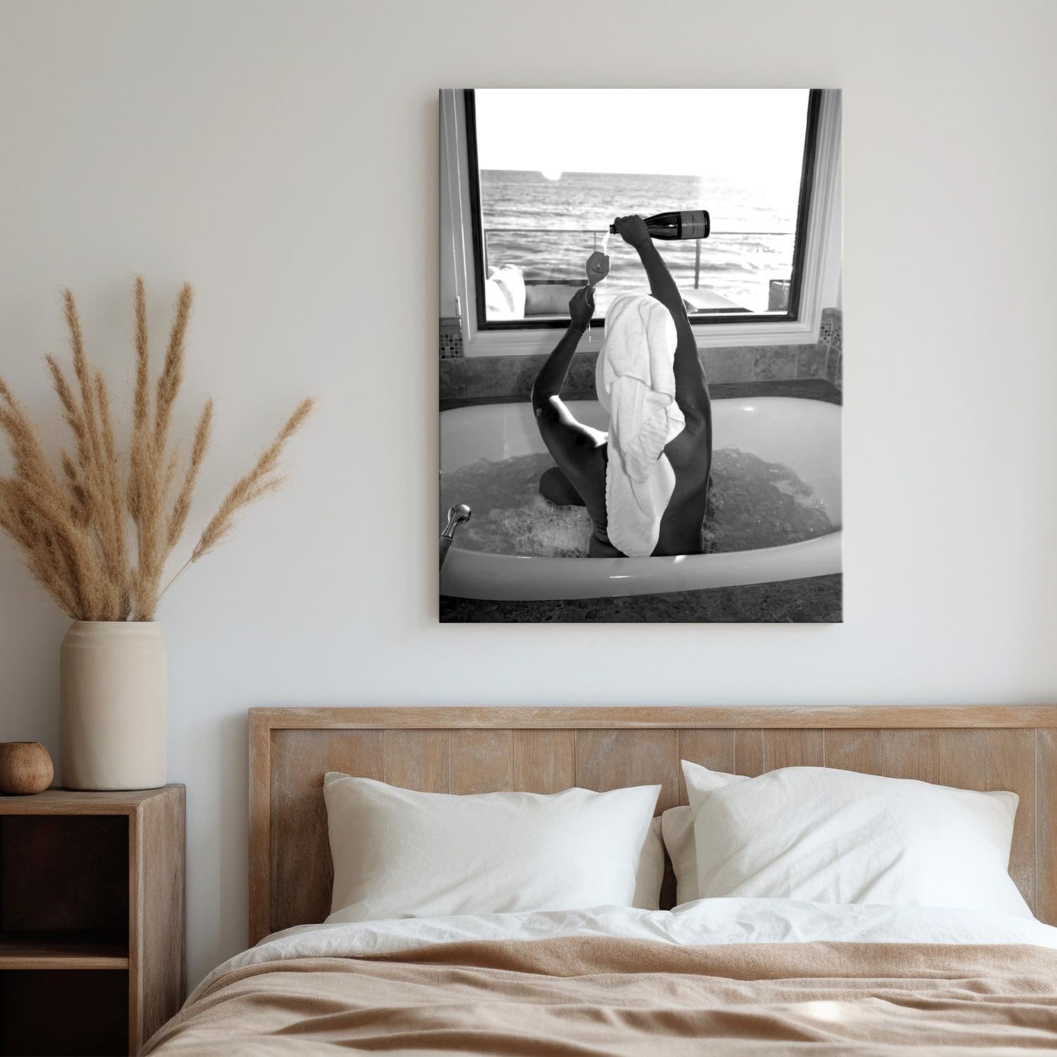 Woman Drinking Wine In Bathtub Print,Black And White Photo,Vintage Feminist Poster,Black And White Bathtub Print,Modern Girl Bathroom Wall Art,Champagne Print Bar Cart Decor 16x24inch Framed Art