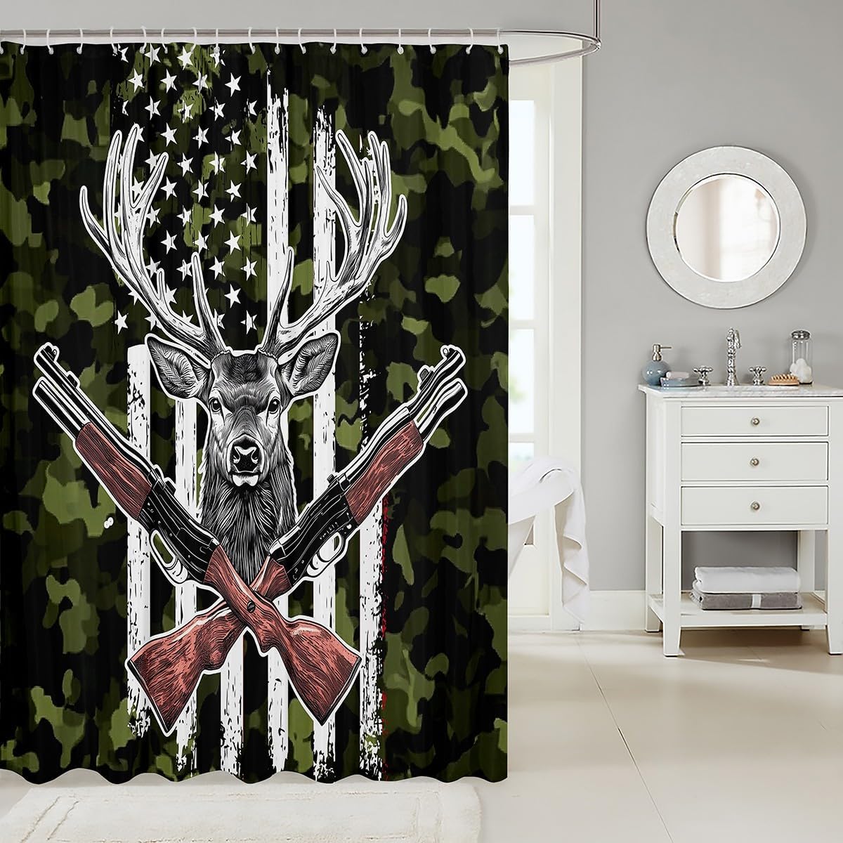 Erosebridal Deer Camo Shower Curtains - American Flag Hunting Theme Bathroom Decor, 72" W x 78" L
