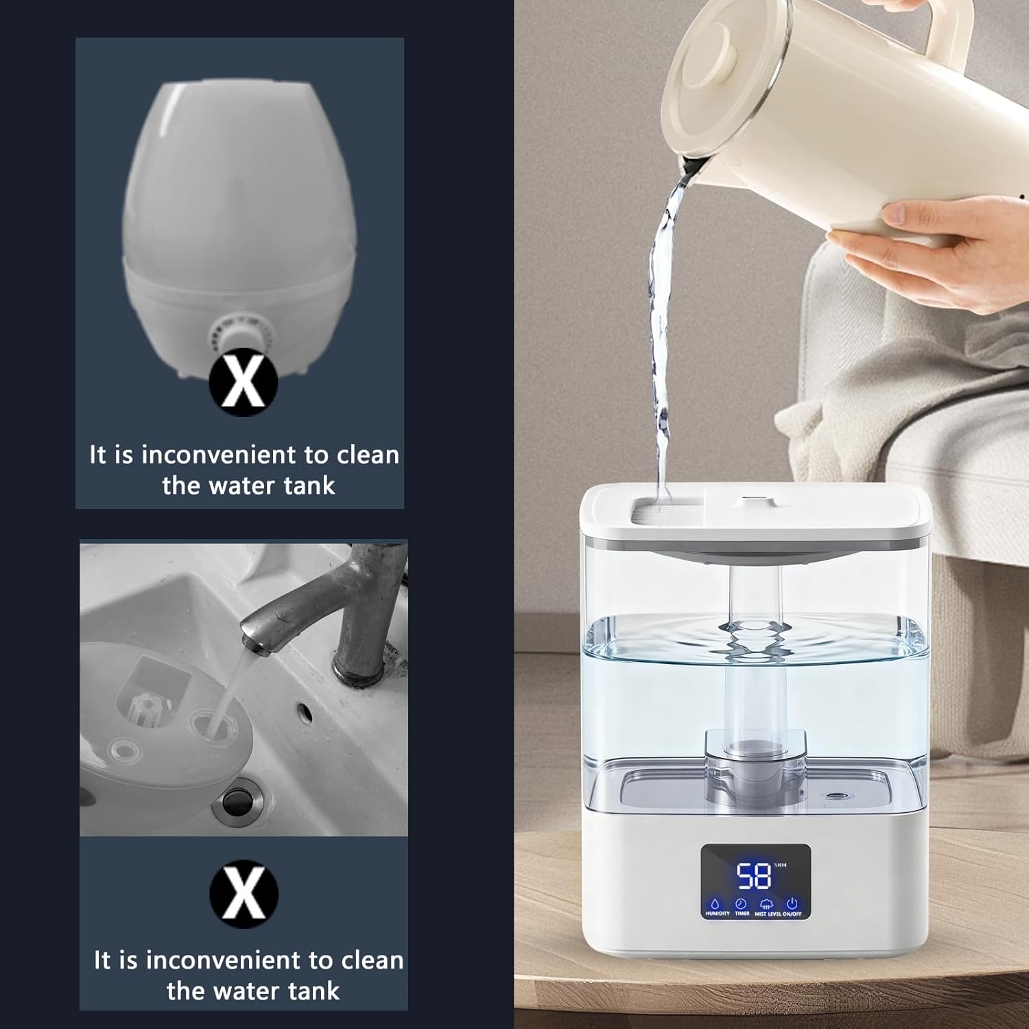 KZF 4L Top Fill Cool Mist Humidifier for Bedroom with 15H Runtime, 3 Mist Levels, 8H Timer, Essential Oil Tray, Humidity Display, Quiet Operation for Baby, Plants, Large Room