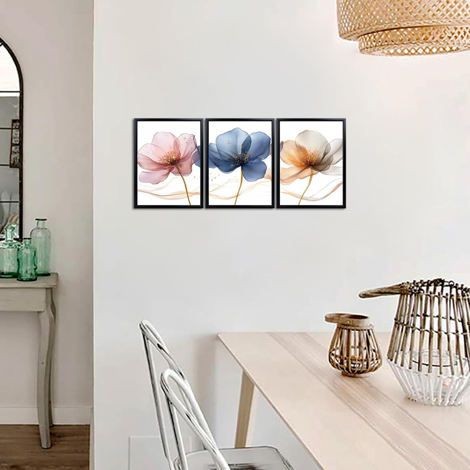 iKNOW FOTO 3 Piece Flickering Flower Canvas Wall Art with Black Frame Modern Pink Blue Brown Floral Giclee Prints for Bathroom Nursery Girls Room Minimalist Glam Decor 12x16 Inches Each