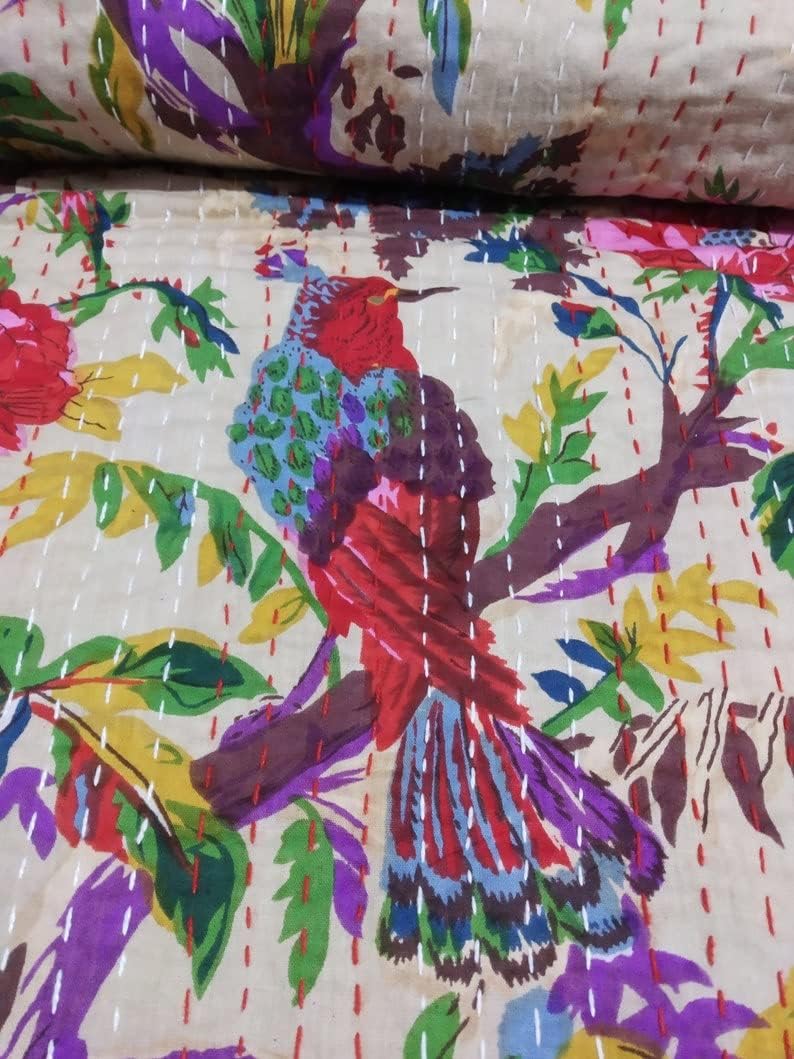 Indian Bird Printed Kantha Quilt Handmade Cotton Throw Bedspread (60 X 80 Inches)