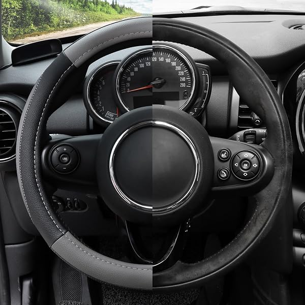 COFIT Microfiber Leather Steering Wheel Cover, Anti-slip Universal Protective Wrap, Car SUV Truck Interior Decor Accessories, Size M 37-38cm Grey and Black - 3