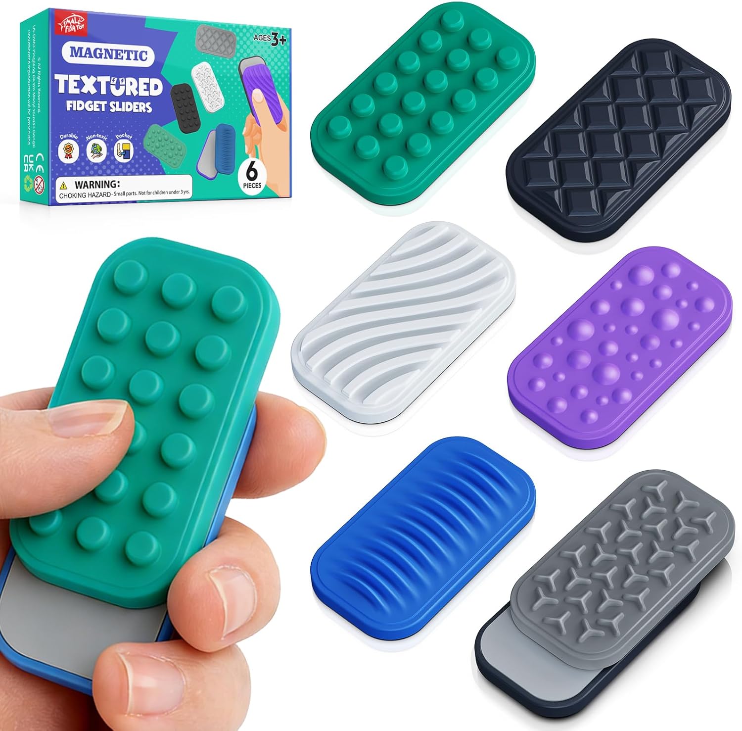 Magnetic Sensory Fidget Sliders for Kids & Adults, 6 Pack Textured Silicone Fidget Toys, Quiet Desk Toy for Classroom, Office,Travel, Busy Hands, Easter Basket Stuffers