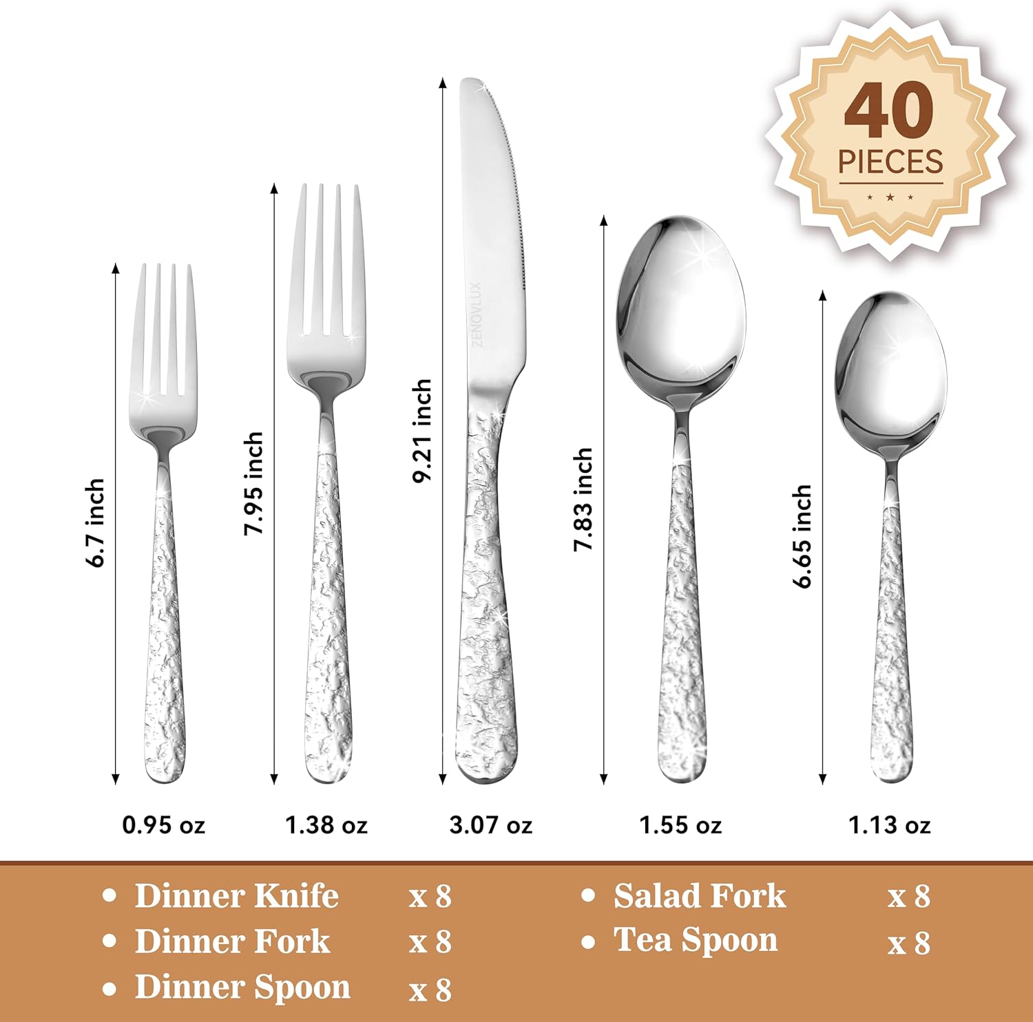 40-Piece Hammered Silverware Set for 8, Stainless Steel Cutlery with Unique Lava Texture, Nickel Free Spoons & Forks Set, Dishwasher Safe Flatware, Elegant Design for New Home Gifts