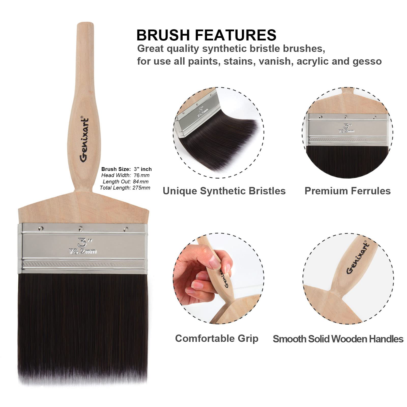 Genixart Wall Paint Brush, 76mm / 3" Inch Professional Paint Brushes