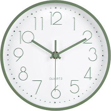 Modern Green Bathroom Wall Clocks 8 Inch Non-Ticking Battery Operated for Office Bedroom Kitchen White