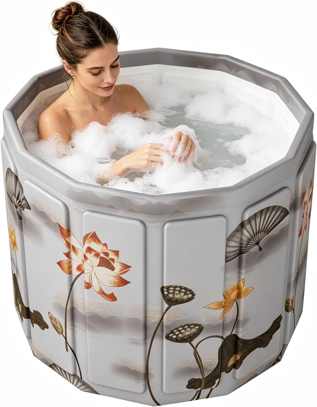 HAIKE Portable Bathtub Adult 68 Gal, Non-Inflatable Foldable Bathtub for Adults, Portable Tub for Home Gyms Outdoor, 6-Layer Collapsible Bath Tub Dual Hole, with Cushion and Bag (Lotus 27.5x26.4”)
