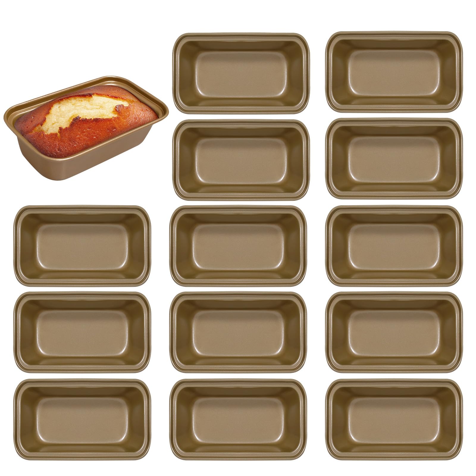 14 mini moldes para pan de 6.1 x 3.3 x 2.1 pulgadas, de acero al carbono, para hornear pan y hornear moldes de plátano pequeños antiadherentes (dorado)
