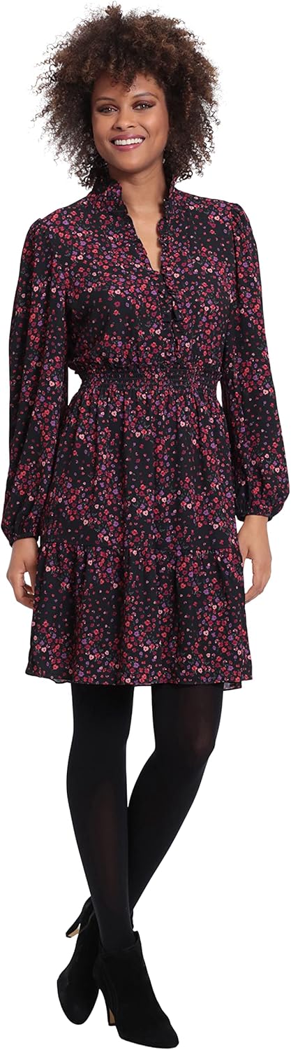 London Times Womens Stand Collar Tiered Dress with Smocking and Ruffle Details