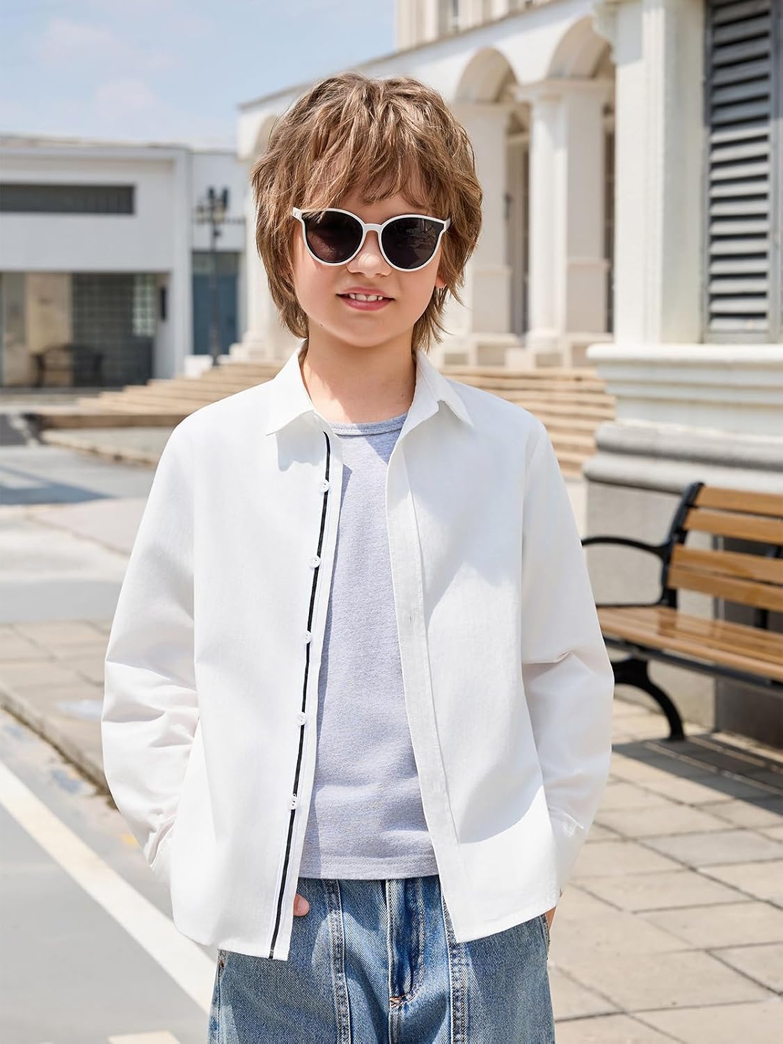 Haloumoning Boys Long Sleeve Dress Shirts Kids Solid Casual Button Down Uniform Shirts 5-14 Years
