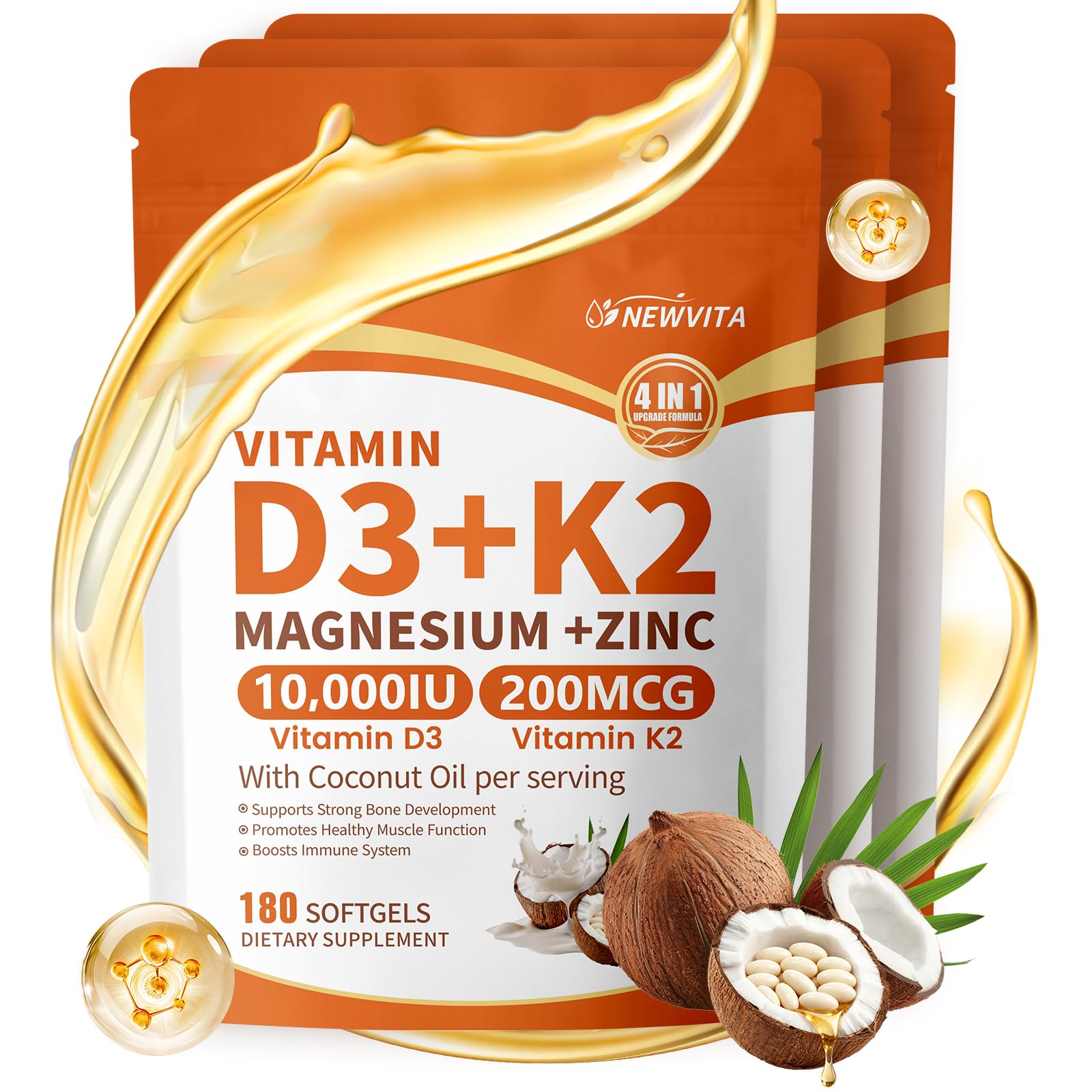 Vitamin D3 10,000 IU + K2 MK-7 200mcg (540pcs/3Bags)