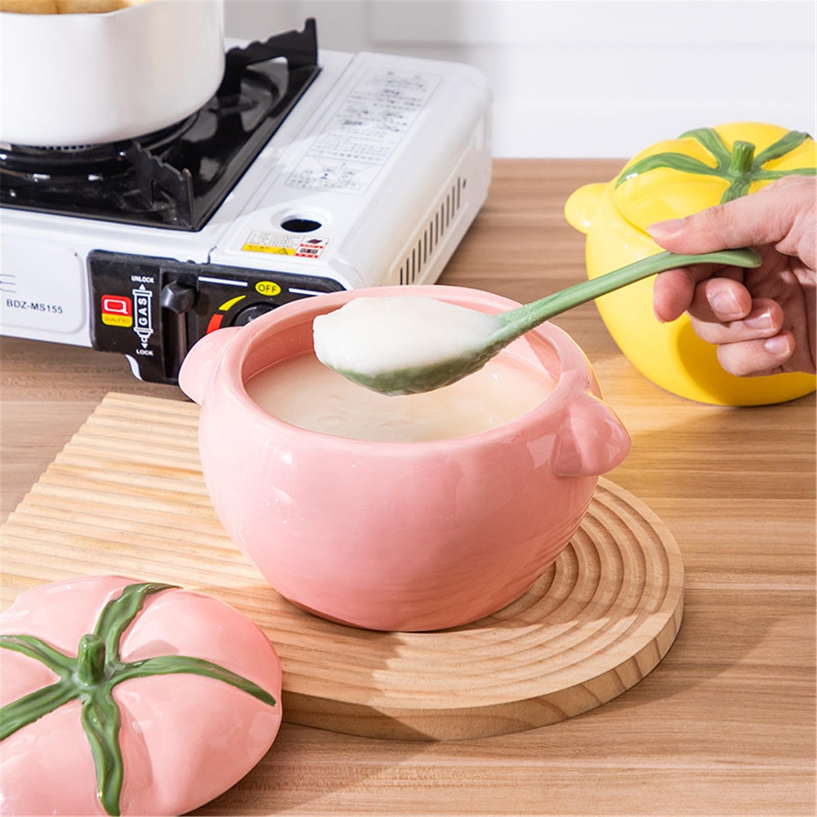 Pentola per Salsa di Soia in Ceramica da Cucina Barattolo di strutto in ceramica olio con coperchio Cucchiaio spezie zucchero per Uso Cucina