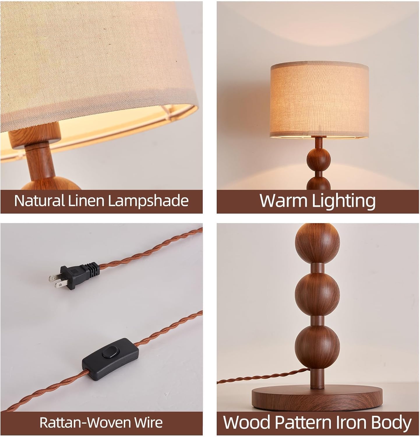 2 Pack Bedside Nightstand Table Lamp for Bedroom, Red Wood Pattern Iron Desk Lamp with Fabric Shade, Mid Century Modern Farmhouse Lamps for Living Room, Home Office 【Includes LED E26 Bulb】