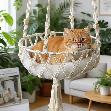 Cats Hammocks Hand Woven Hanging Cat Beds for Indoor Perch Cat Window Seat Cats Kennel Window Bed Outdoor Enclosures Cave Covered Fits Kitten Puppy Small Pet Cute Stuff Not Included Mat