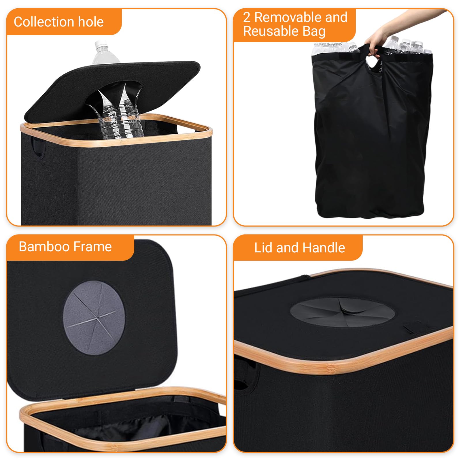 Conservazione Delle Bottiglie con Coperchio 110L,Contenitore per Bottiglie con 2 Borsa Interna Rimovibile,Contenitore Raccolta Bottiglie Deposito per Bottiglia e Bottiglie di Plastica, Nero