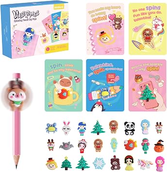 DG-Direct 30 Pack Valentines Day Gifts for Kids, Valentines Day Cards with Mini Spinning Pencil Top Toys, Valentine School Classroom Exchange Prizes, Valentine Party Favor Toy Set