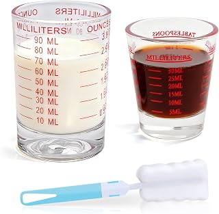 1 fl oz + 3 fl oz measuring cup small set of 2, shot glasses for | Cocktail Measuring Cup, Shot Glass with Scale Brush, for Tequila Vodka, Coffee and Kitchen, Red