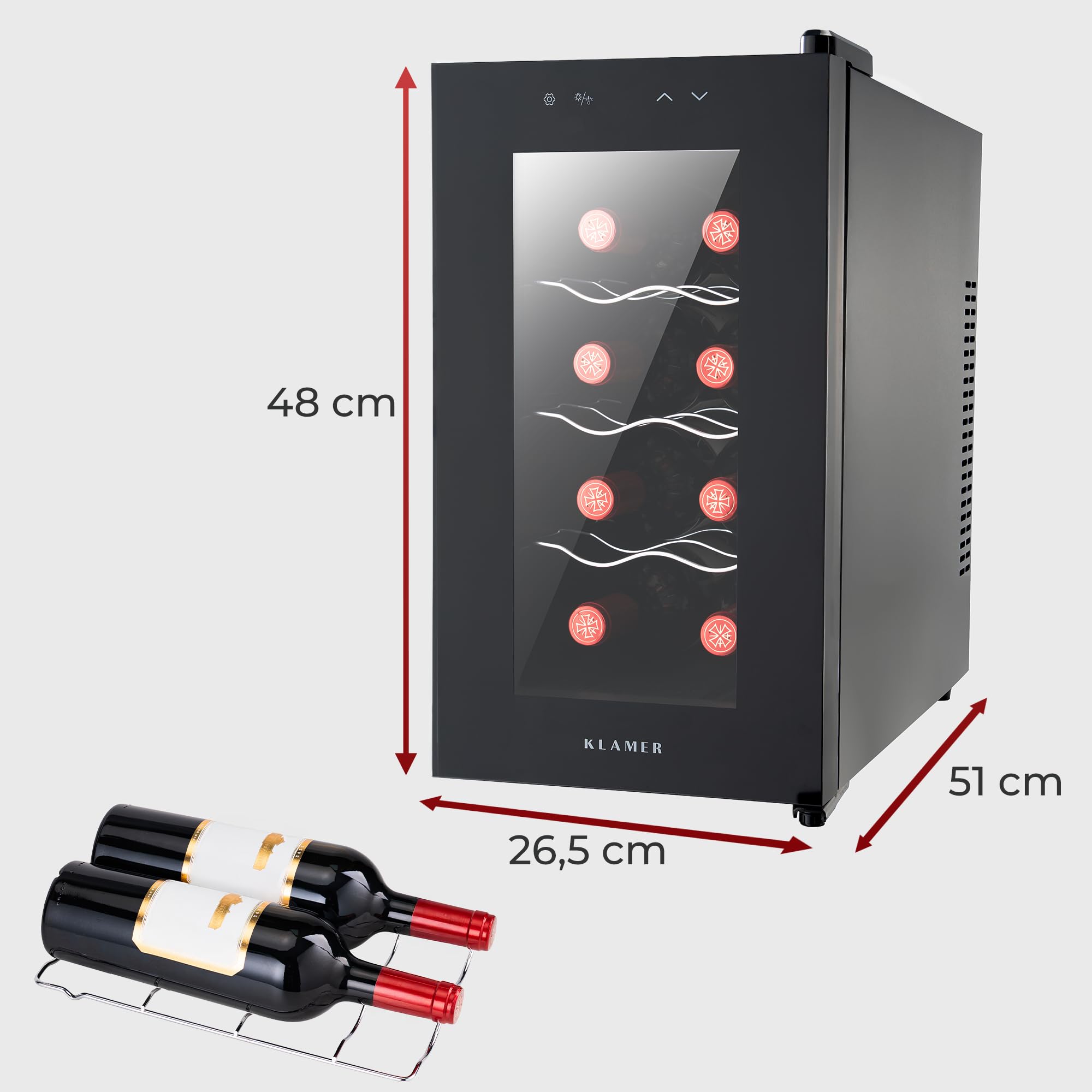 KLAMER Weinkühlschrank 8 Flaschen 21 L 5–18°C Präzisionskühlung Thermoelektrisch UV-Schutz Glastür Touch Display leise 35 dB