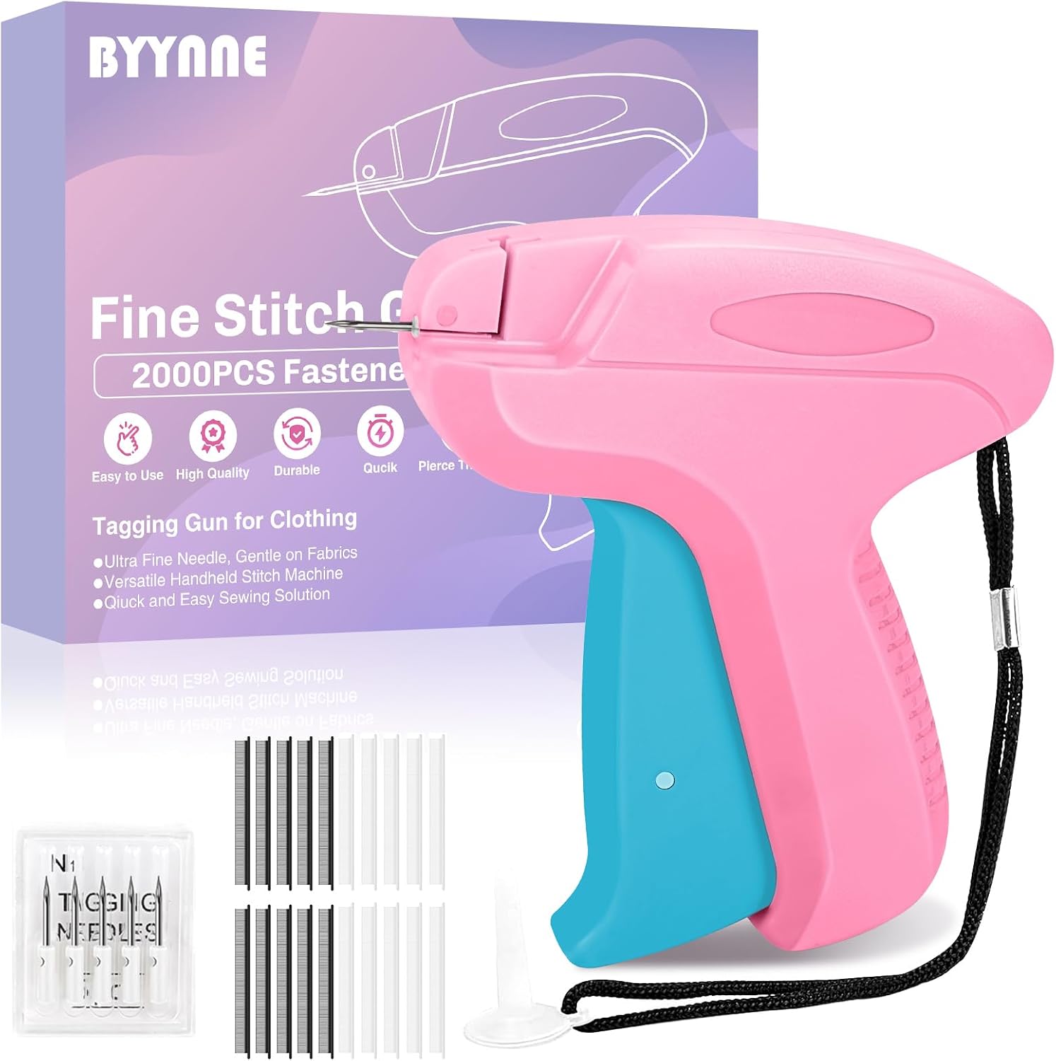 Stitch Gun for Clothes - Handheld Quick Clothing Fixer - Tagging Gun for Clothing, Sewing Kit - Includes 6 Fine Needles, 1000 White & 1000 Black Fasteners (Pink Blue)
