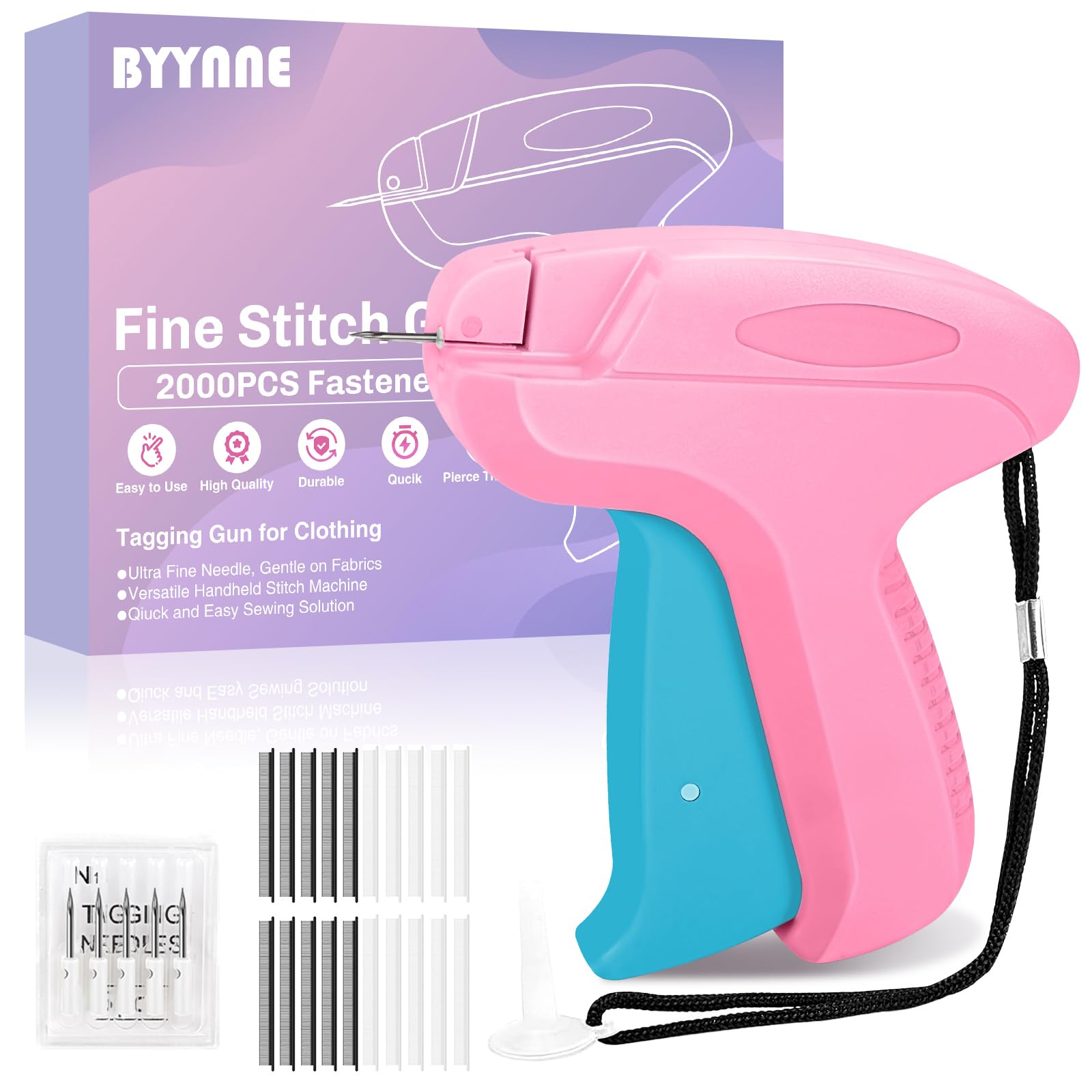 Stitch Gun for Clothes - Handheld Quick Clothing Fixer - Tagging Gun for Clothing, Sewing Kit - Includes 6 Fine Needles, 1000 White &amp; 1000 Black Fasteners (Pink Blue)