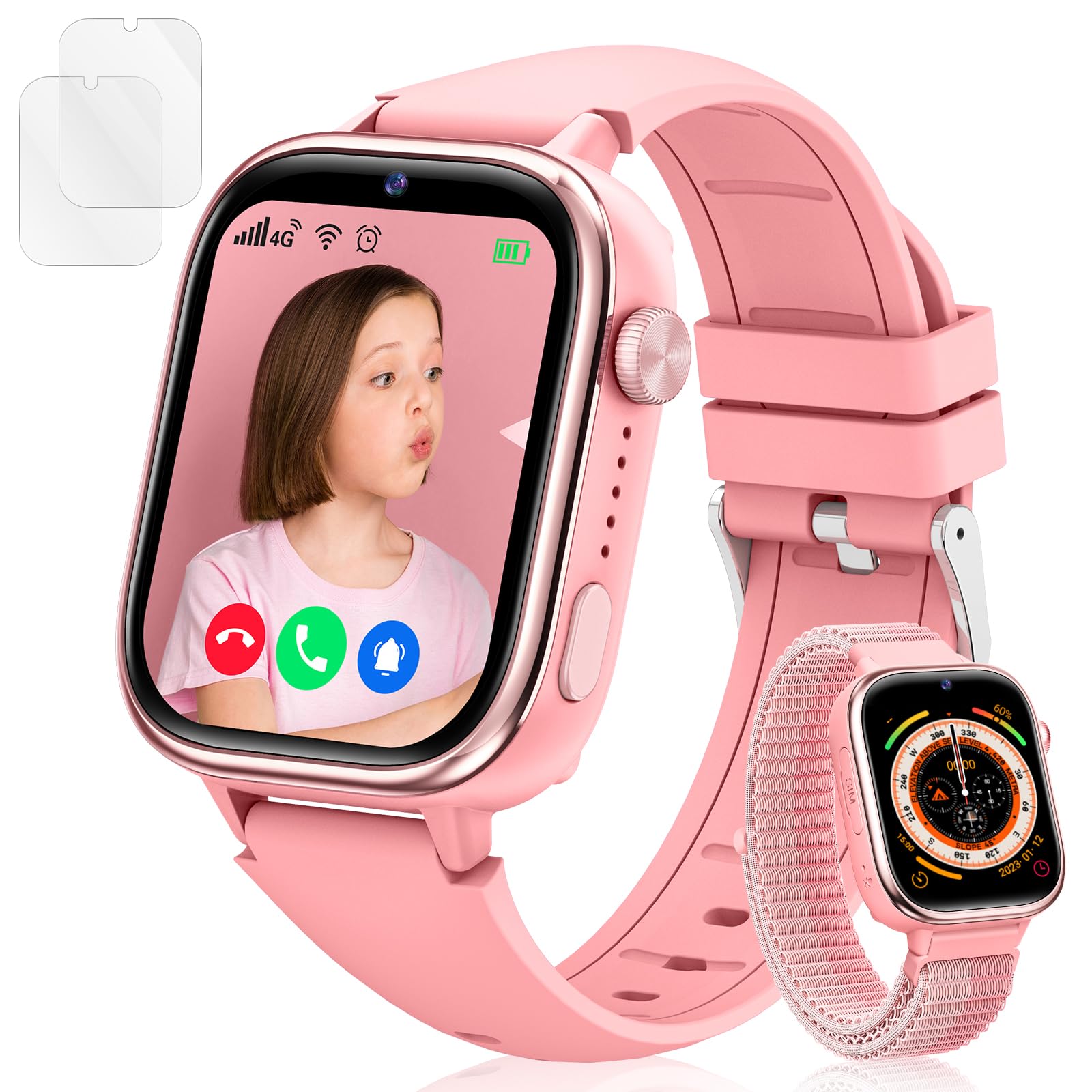 Minilandia Reloj Inteligente Infantil 4G, Vídeo HD y Llamada, Smartwatch Infantil con Chat Familiar, SOS, GPS, Juego, Modo Clase, Reloj Infantil Resistente al Agua, Regalos para Niñas Niños (Rosa)