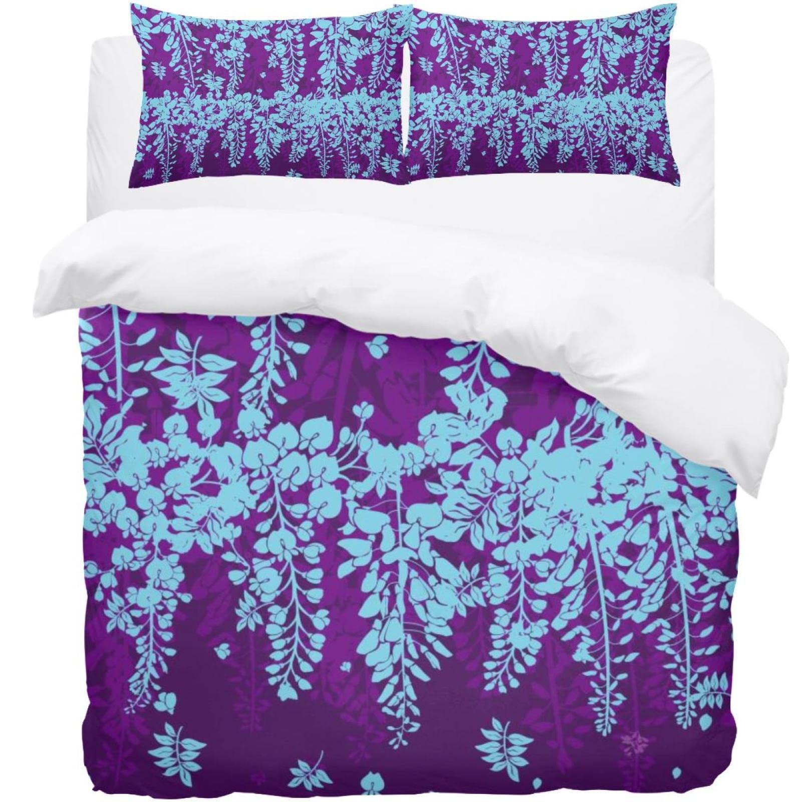 Housse de couette violette avec 2 taies d'oreiller lit simple motif floral tropical