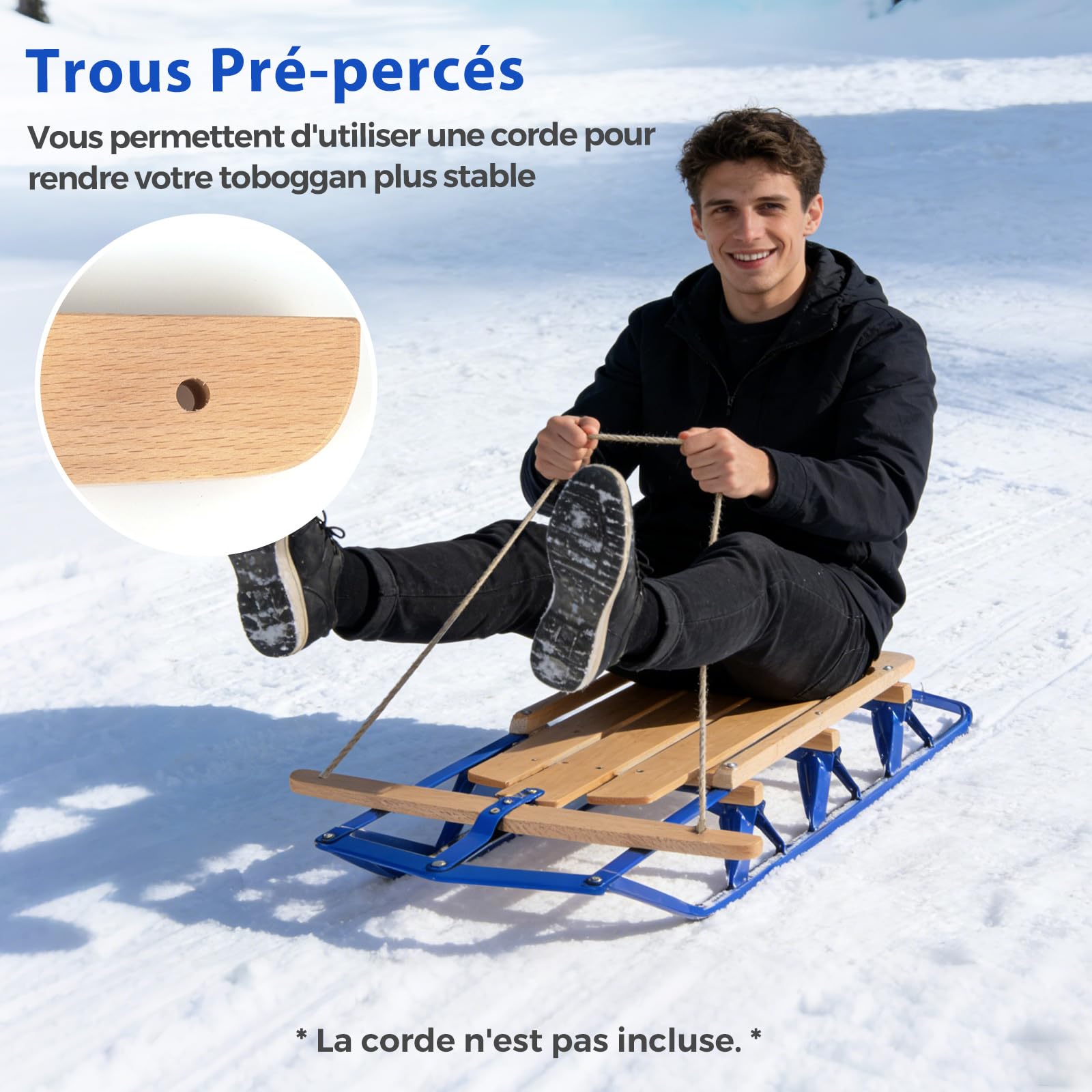 COSTWAY Luge avec Corde de Traction et Poignée, Traîneau Portable avec Direction Rail Métallique Coulissant Dossier à Double Lattes, Adaptées aux Enfants Adolescents