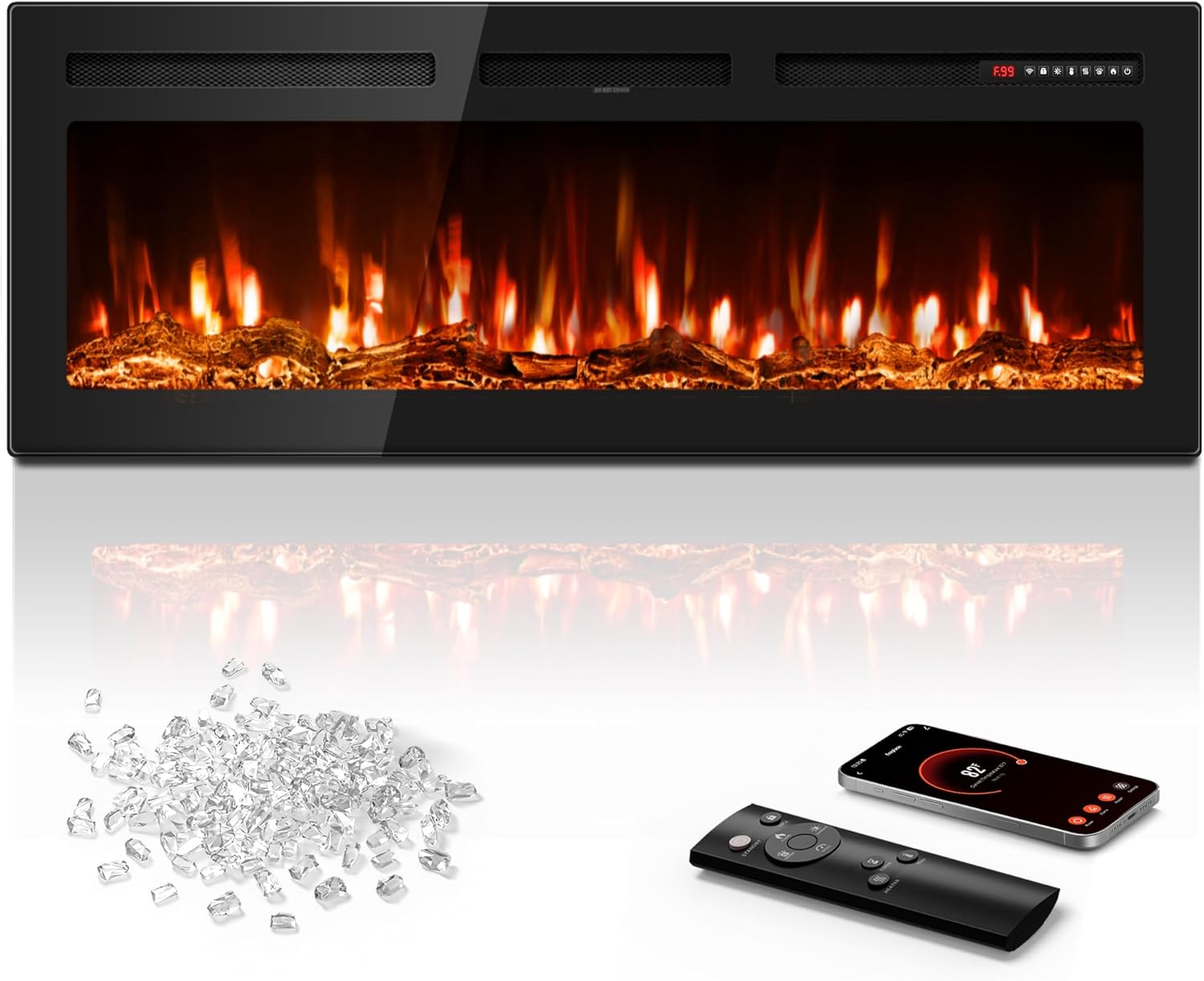 Manastin 50 inch Electric Fireplace in-Wall Recessed and Wall Mounted with Remote Control, 1500/750W Fireplace Heater (60-99°F Thermostat) with 12 Adjustable Color, Timer, Log and Crystal