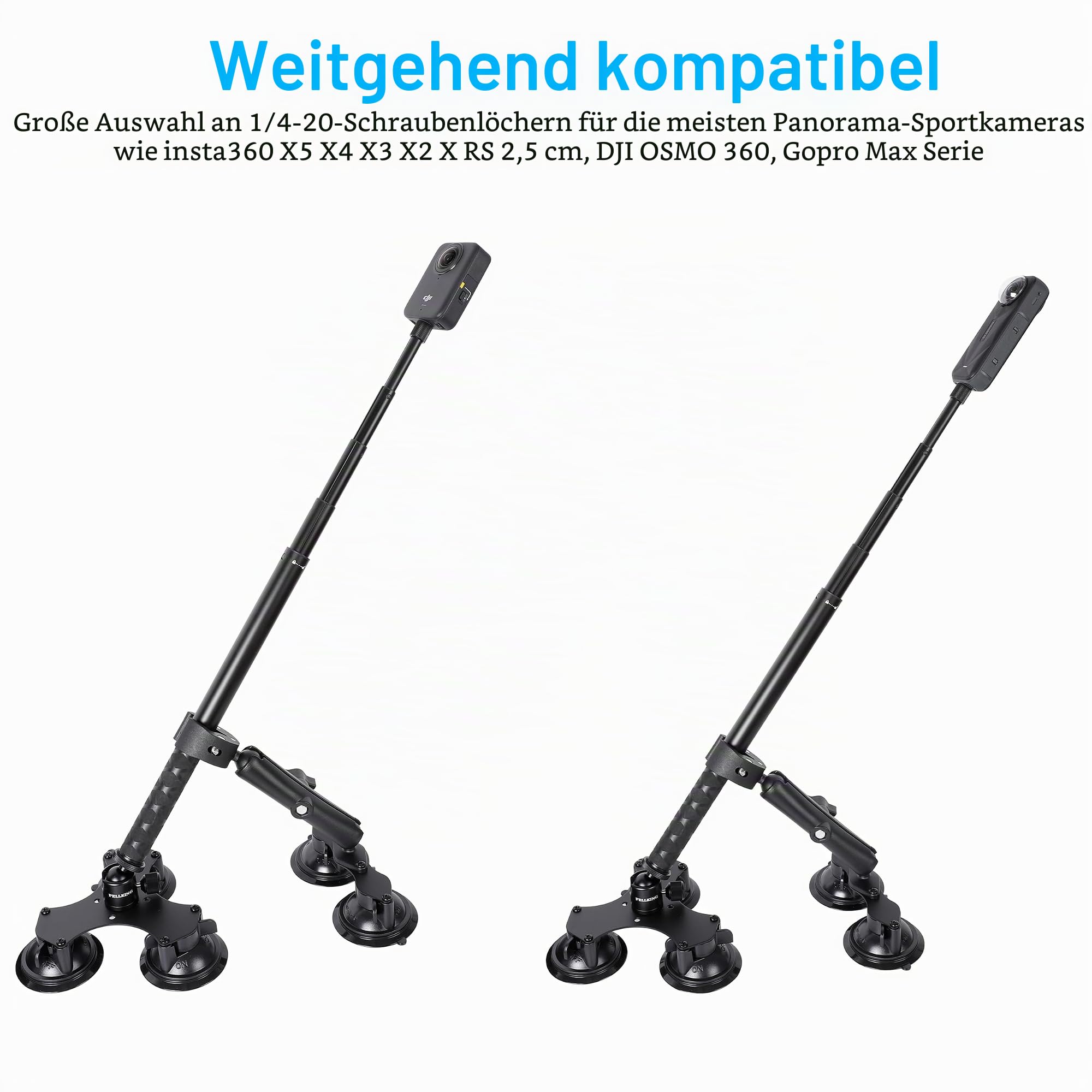 PellKing - Insta360 x5, x4, x3, x2, x, One RS, R, Autohalterung für GoPro Max DJI OSMO 360 Kamera, 5-in-1-Saug-Montage-Kit für Action-Kameras (inkl. Selfie-Stick