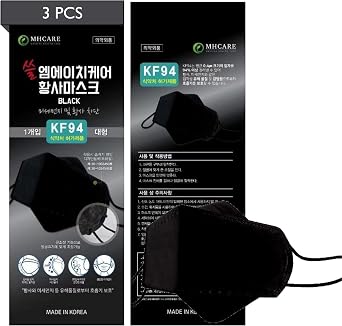 [3 Pack] Black Disposable KF-94 Face Mask, Individual Pack, made in Korea, Disposable Face Mask, Nose Mouth Covering Dust Face Mask, Adjustable Strap, Unisex Adult, 3D Ergonomic Design.