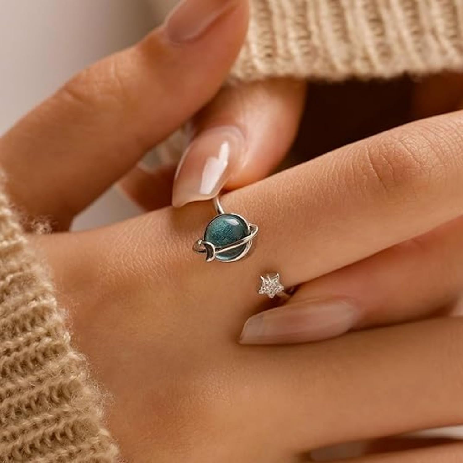 925 Sterling Silver New In Spinning Opal Planet Moon Star Fidget Rings for Women Aesthetic Stress Relief Spinner Anxiety Ring Anillos, Fidget Ring Women, Fidget Rings For Anxiety, Spinner Ring Women