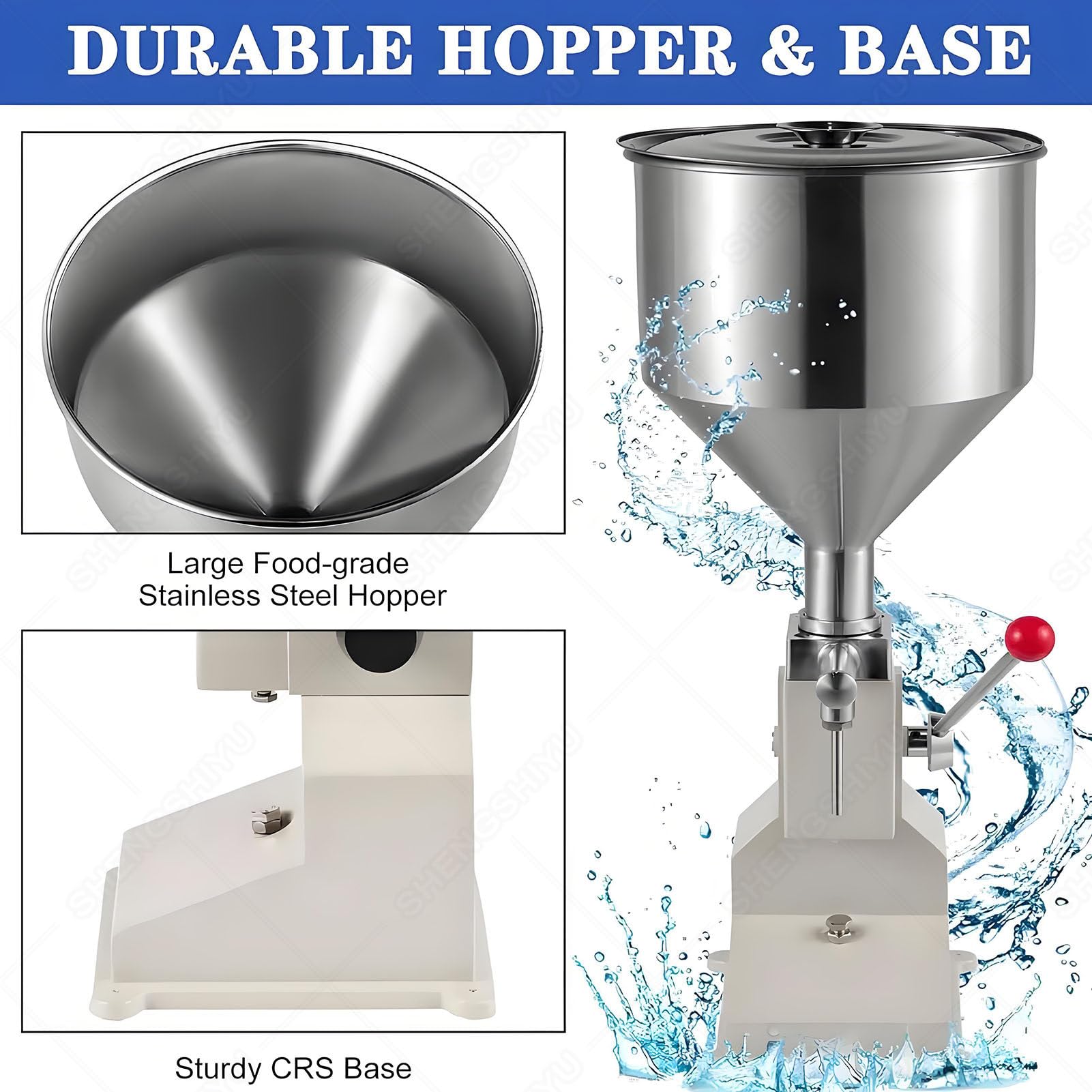 Máquina Llenadora Manual, Máquina de Botellas de Pasta Líquida, Llenadora Embotelladora de Acero Inoxidable con 10L Tolva, 20-30 Ciclos por Minuto, para Aceite, Crema, Cosméticos, Champú