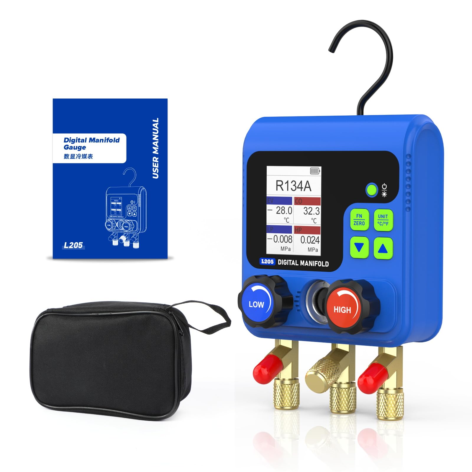 Refrigeration Digital Manifold HVAC Gauge Kit, Vacuum Pressure Temperature Leakage Tester Set for Testing Maintaining Air-Conditioner, Refrigerator - with Test Clip & Pipe (L205)