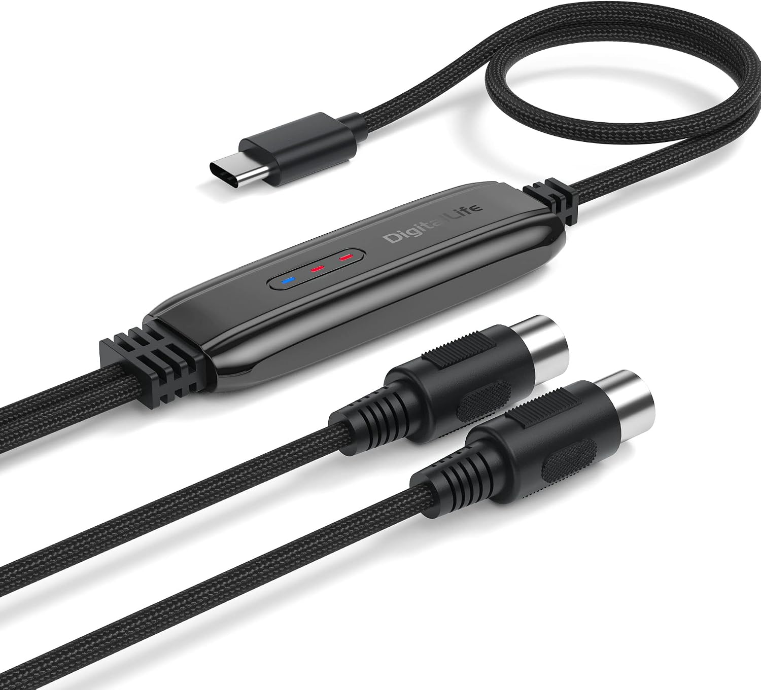 DigitalLife MIDI-C01 USB-C to MIDI Interface Converter Adapter with LEDs (6.5FT, 5-Pin, 1 in/Out)