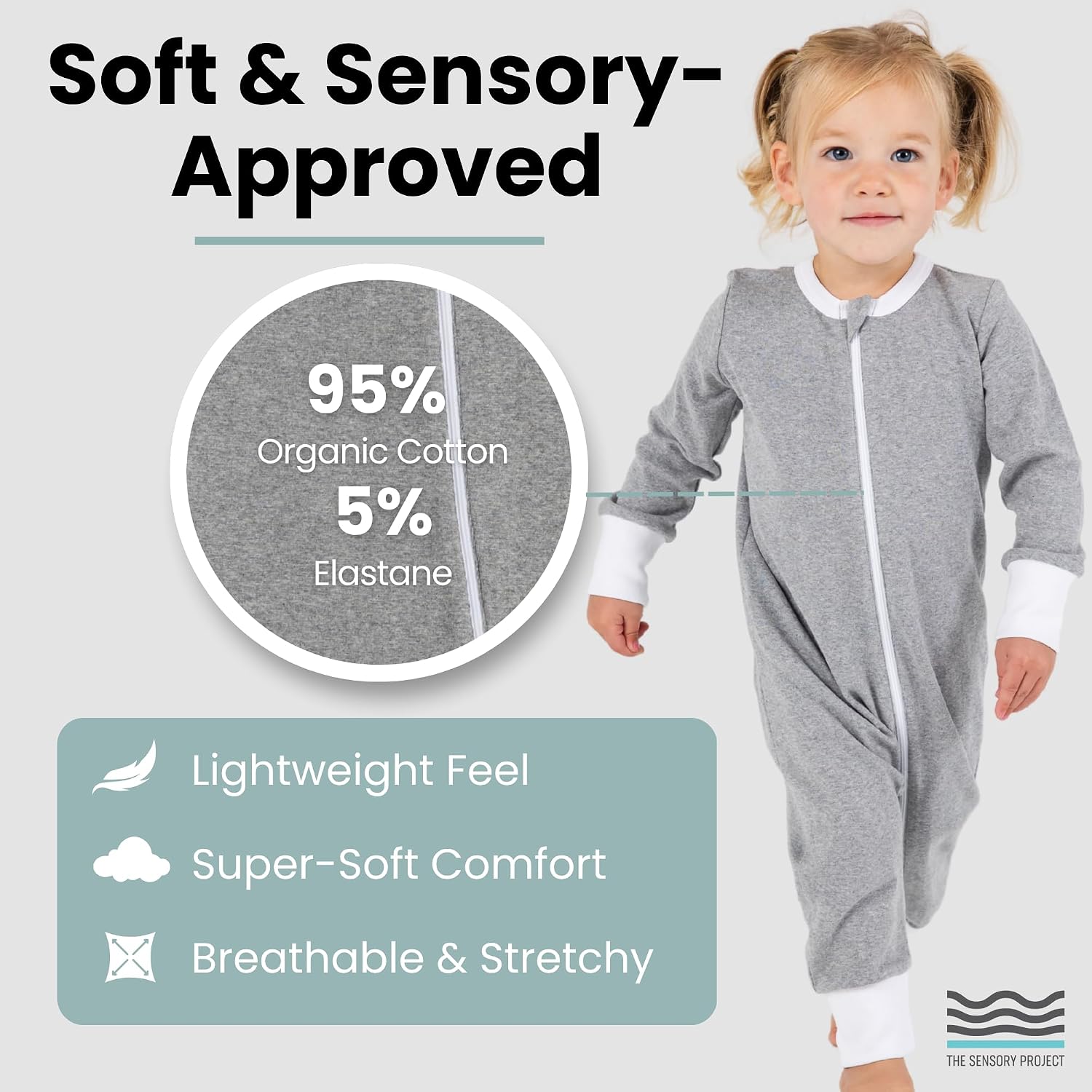 THE SENSORY PROJECT FlexiZip Sensory Romper – Ultra-Soft Organic Cotton Stretchy Zipper Romper for Babies & Toddlers