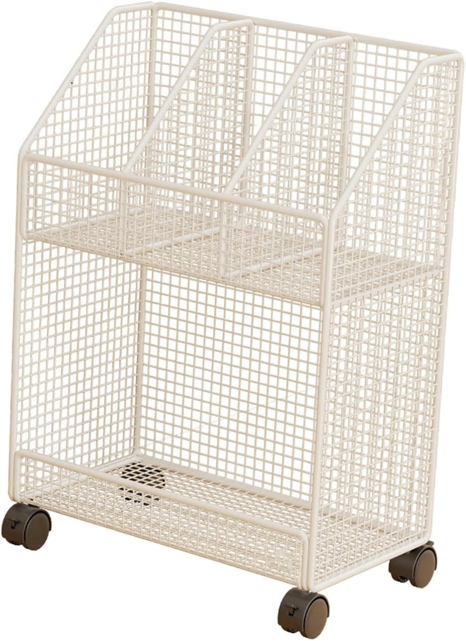 Rolling File Cart, Under Desk File Organizer Cart, Craft Clothes Organization Mobile Bookcase Multifunction for Dorm Library, White 2 Layer