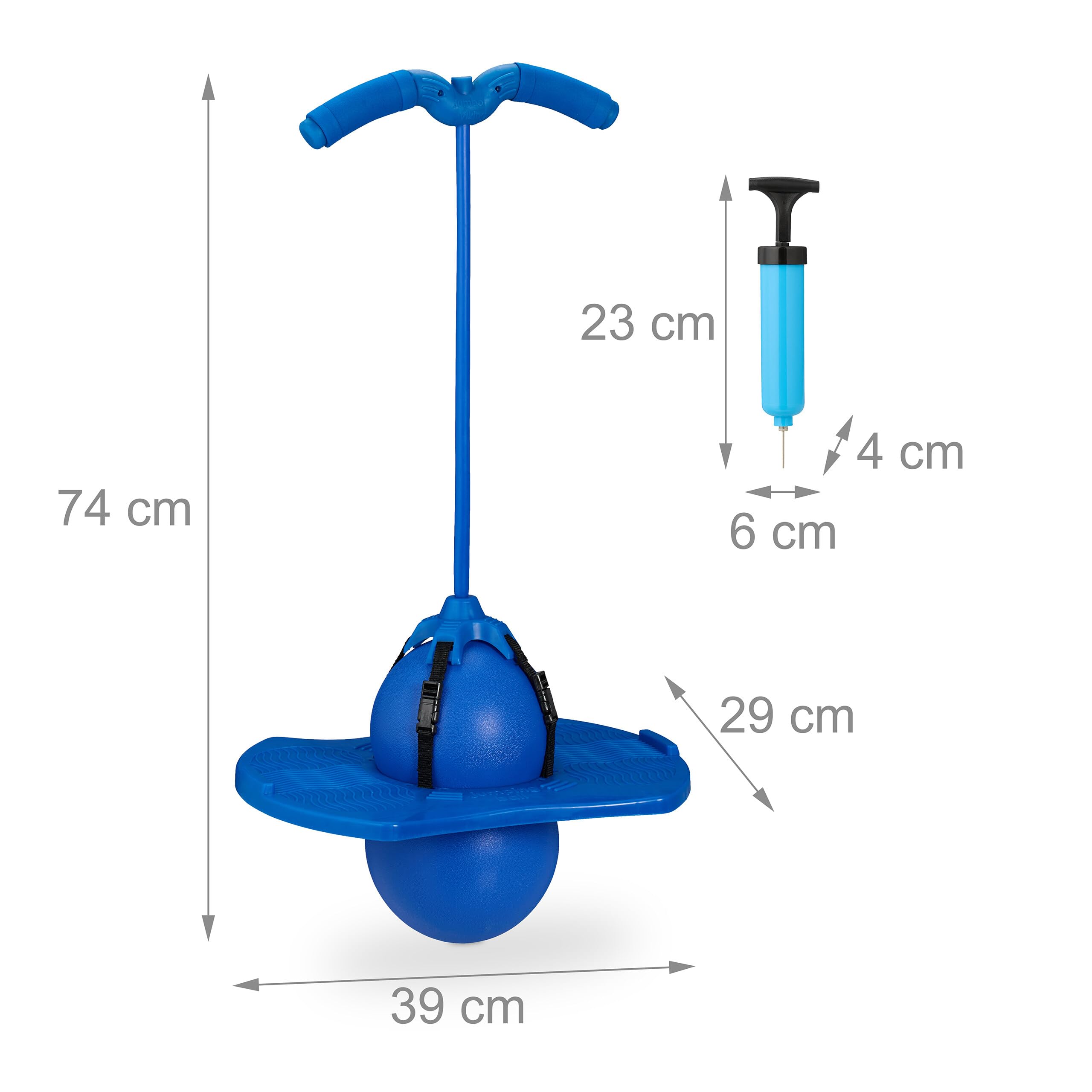 Relaxdays Salterello per Bambini, Pogo Stick con Palla Salta-Salta e Manici, 100 kg, 74x39x29 cm, Gioco da Esterno, Blu
