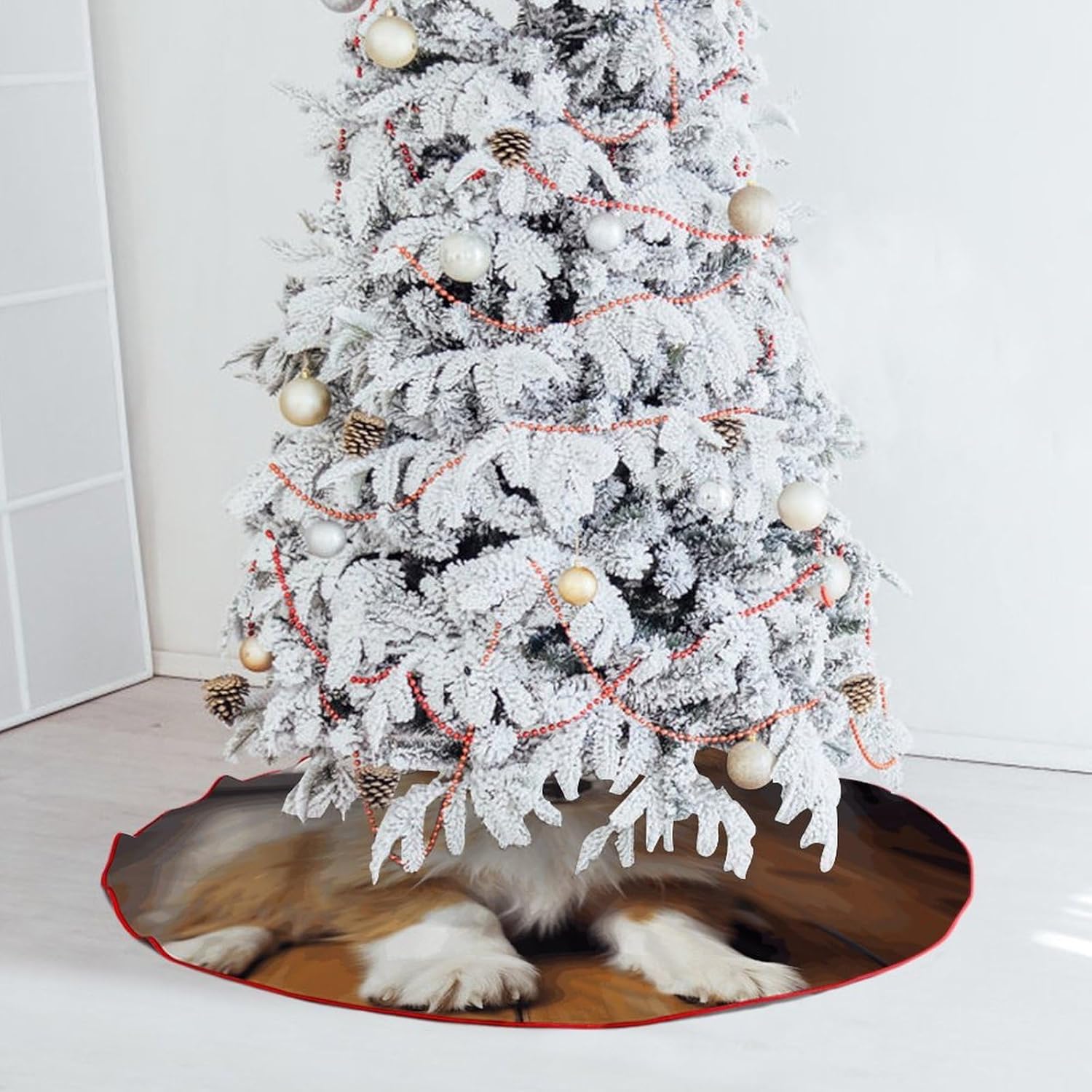 Christmas Tree Skirt,for Xmas Tree Holiday Party Decorations Cute Puppy Dog Printed Christmas Tree Mat Red Lace-up Christmas Tree Dress