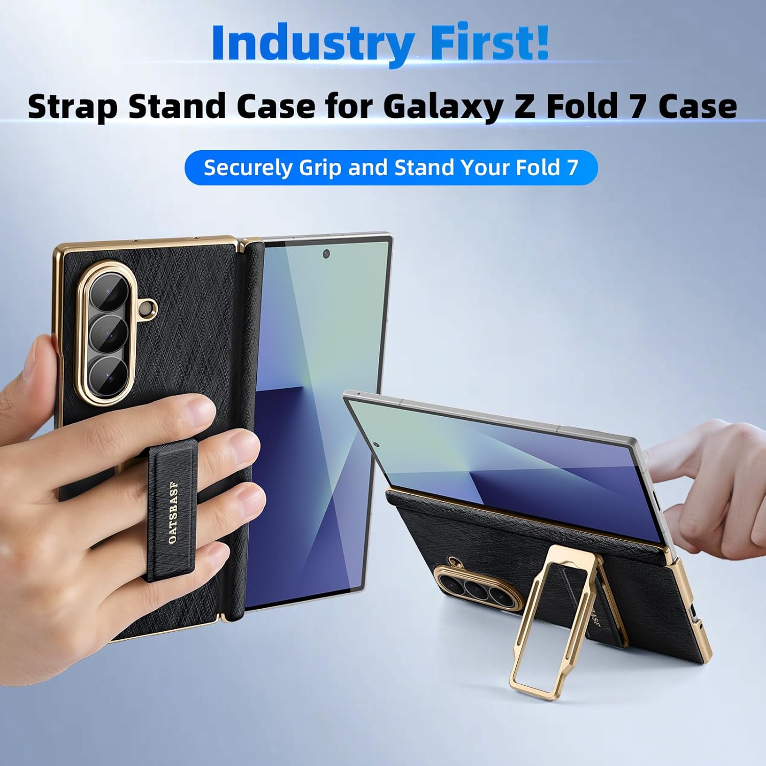 Grip for Samsung Galaxy Z Fold 7 Case with Stand, Leather & Metal Fold 7 Phone Case with Wrist Strap Hinge Protection, Drop-Proof Kickstand Cover for Fold7 Phone, Classic Black