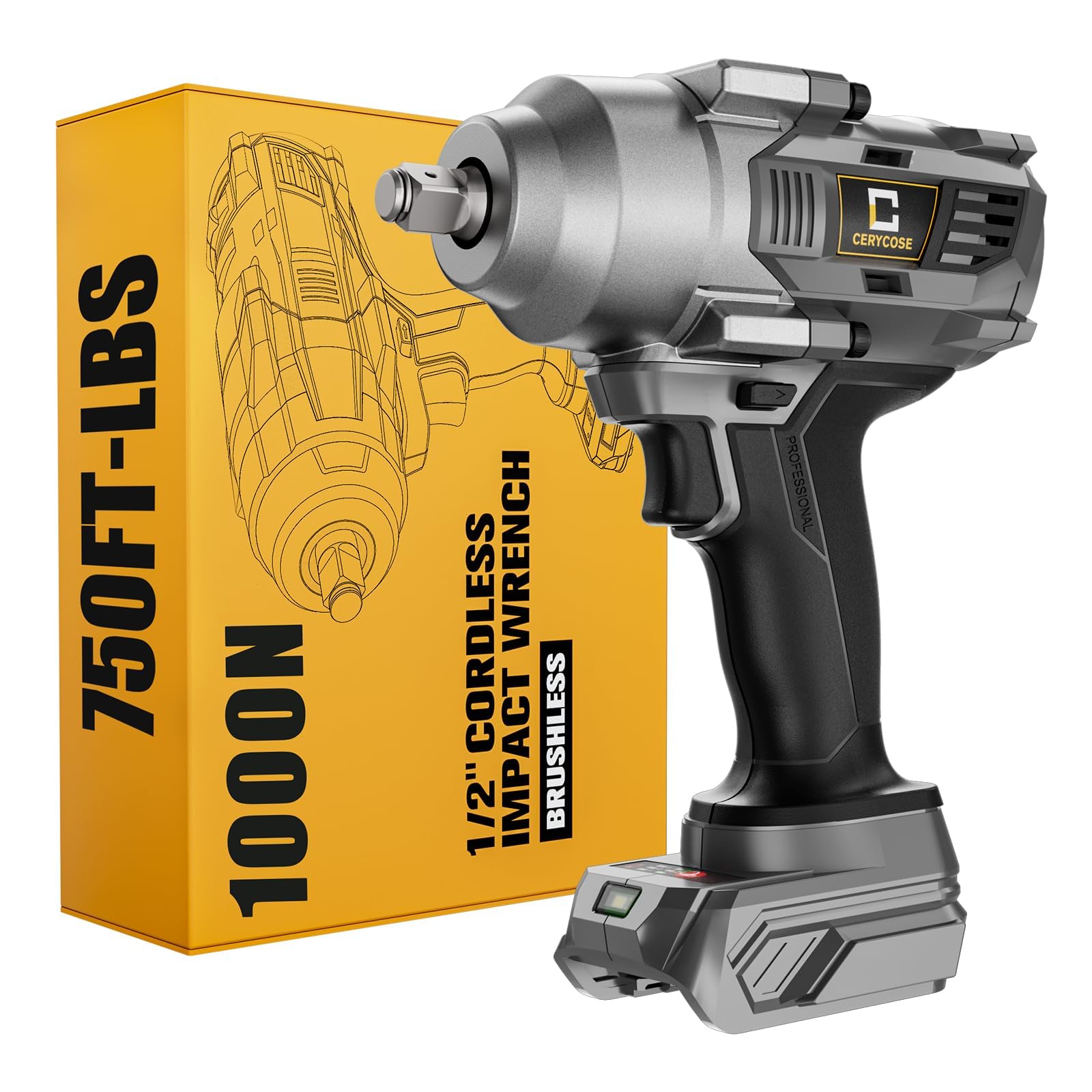 Cordless Impact Wrench 1/2 inch Compatible with Dewalt Battery, 750FT-LBS (1000N.m) Brushless Electric Impact Gun Includes LED Work Light, High Torque Impact Driver, Bare Tool Only