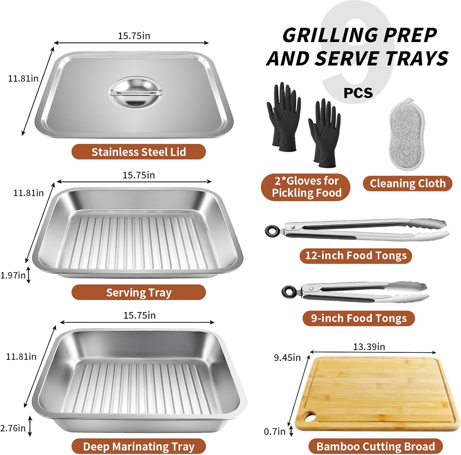 ENLOY 9-in-1 Stainless Steel Grilling Prep and Serve Trays Set, Large Capacity Food Prep Tray & Grill Carry System with Lid, Cutting Broad & 2 Food Tongs, Cleaning Cloth & 2 Gloves for Pickling Food