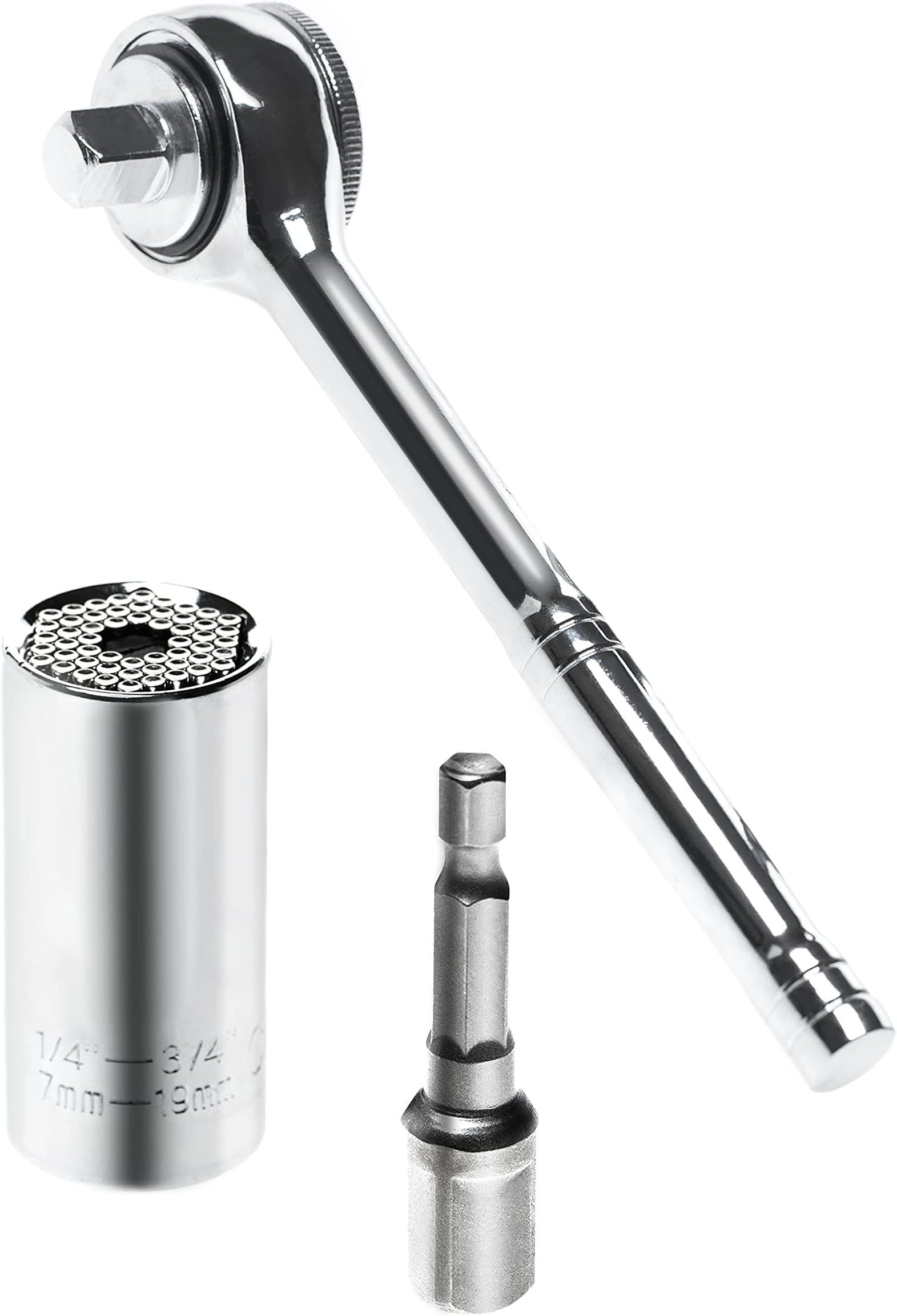 Brackit Universal Socket Wrench Set - Multi-Function and Adaptable to 7-19mm Nuts - with 3/8 Reversible Ratchet and Power Tool Adapter