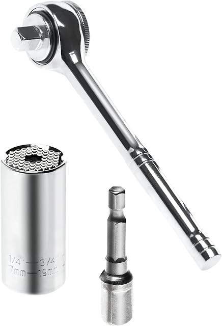 Brackit Universal Socket Wrench Set - Multi-Function and Adaptable to 7-19mm Nuts - with 3/8 Reversible Ratchet and Power Tool Adapter